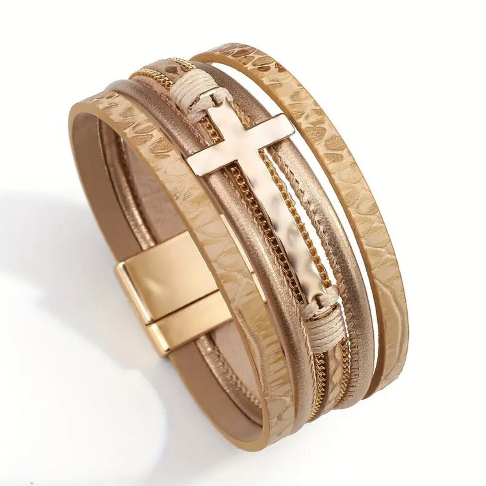 Bohemian Gold Tone Multi-Layer Bracelet Magnetic Clasp Cross Charm Religious - Picture 7 of 12